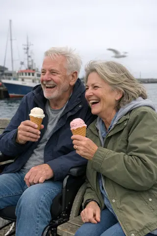Example upload for an anniversary deck — couple eating ice cream on a harbor bench