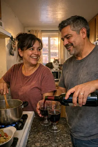 Example upload for an anniversary deck — couple cooking together in a kitchen