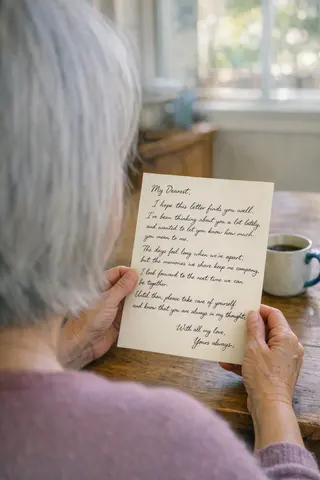 Example upload for an anniversary deck — woman reading a handwritten letter in a sunlit kitchen