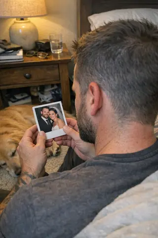 Example upload for an anniversary deck — man on a bedroom floor holding a wedding polaroid
