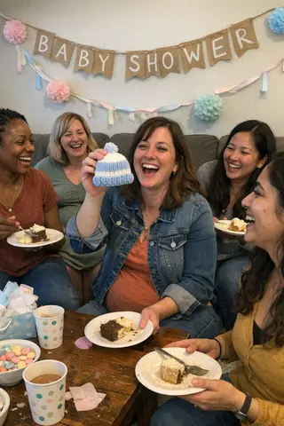 Example upload for a baby shower deck, friends gathered around a coffee table