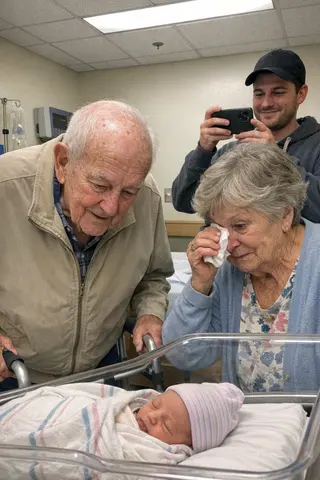 Example upload for a baby shower deck, grandparents meeting a newborn in a hospital room