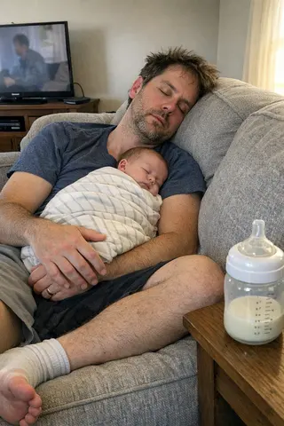 Example upload for a baby shower deck, first-time dad asleep on a couch with a newborn
