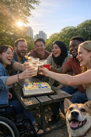 Example upload for a birthday deck, friends around a picnic table in a park