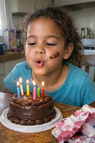 Example upload for a birthday deck, child blowing out candles on a kitchen table