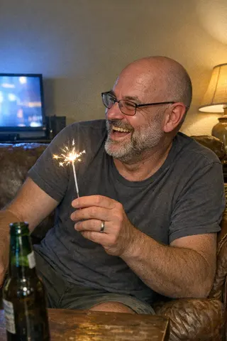 Example upload for a birthday deck, adult holding a sparkler candle on a sofa