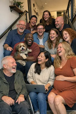 Example upload for a corporate deck, startup team on a staircase in their office