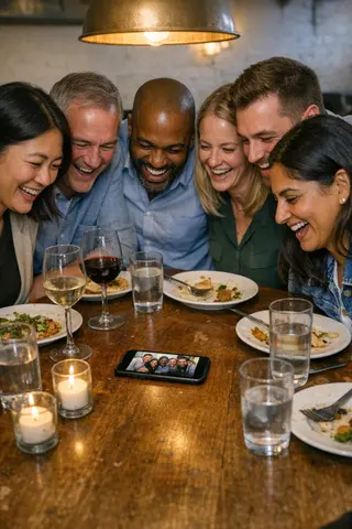 Example upload for a corporate deck, six colleagues leaning in over a phone on a restaurant table