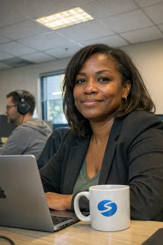 Example upload for a corporate deck, employee at an open-plan desk looking up from her laptop