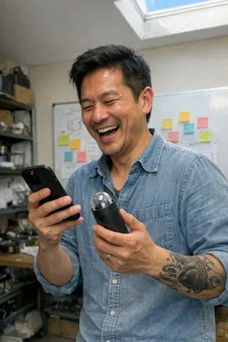 Example upload for a corporate deck, founder in a workshop office holding a prototype