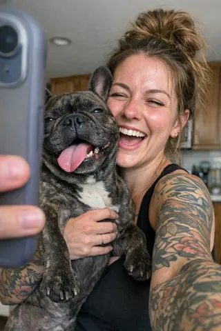 Example upload for a pet deck — woman carrying a French bulldog, both laughing