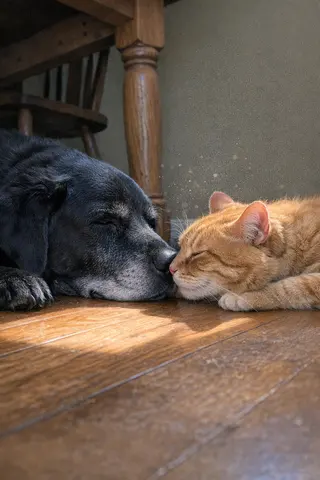 Example upload for a pet deck — labrador and tabby cat nose-to-nose on a hardwood floor