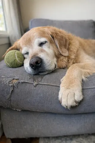 Example upload for a pet deck — senior golden retriever asleep on a sofa