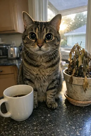 Example upload for a pet deck — tabby cat on a kitchen counter