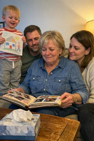 Example upload for a retirement deck, retiree opening a handmade scrapbook with family