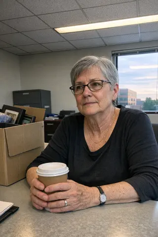 Example upload for a retirement deck, woman on her last day at a cleaned-out office desk