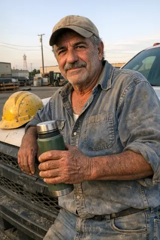 Example upload for a retirement deck, workman leaning against his truck at golden hour