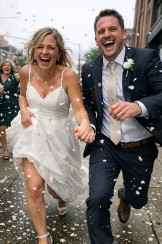 Example upload for a wedding deck, newlyweds running down a sidewalk
