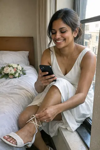 Example upload for a wedding deck, bride on a hotel windowsill lacing her shoes