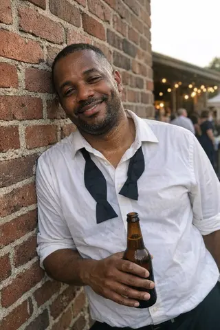 Example upload for a wedding deck, groom leaning against a brick wall holding a beer